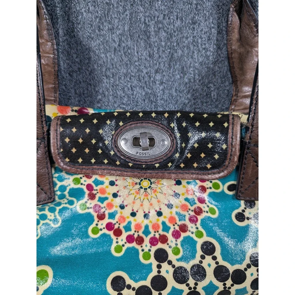 Fossil Key-Per Coated Canvas Tote Bag Teal Kaleidoscope Geometric Dots